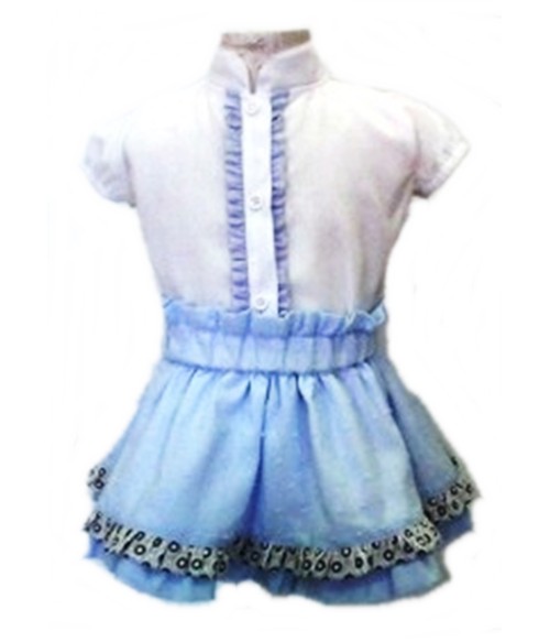 Conjunto de niña, falda de plumeti azul y blusa con volante